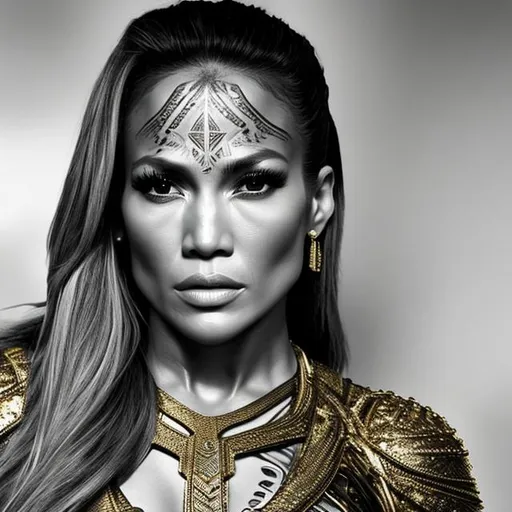 Prompt: monochrome, jennifer lopez, detailed face, face tattoos, gold neck rings tribal, beautiful, curvy, soldierstormtrooper armor, dark trooper armour, scifi, black, no-helmet