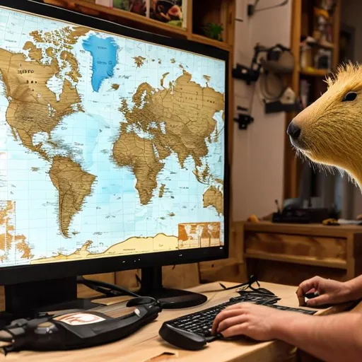 Prompt: Capybara playing pc games with a world map in the background, half finished woodworking project in the scene.