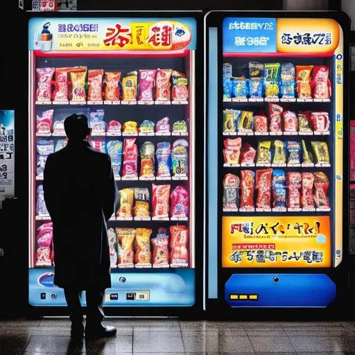 Prompt: Vending machine in osaka, japan. raining. daytime. man standing considering his choices. 