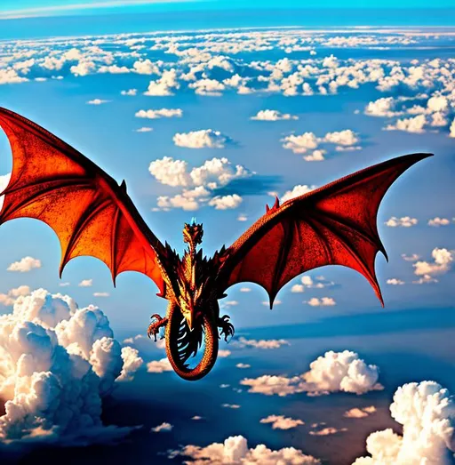 Prompt: Dragon meets phoenix during flight above the clouds.