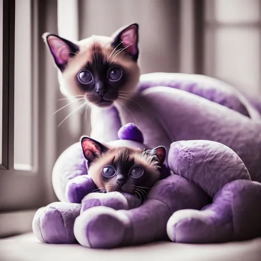 Prompt: A Siamese cat curled up napping peacefully on a large plush purple teddy bear, sunbeams warming them through a window. ((cat)) ((cozy)) ((teddy bear)) Lensed with a soft focus and natural lighting for an ambient mood. Evoking the heartwarming pet scenes of photographer Walter Chandoha.