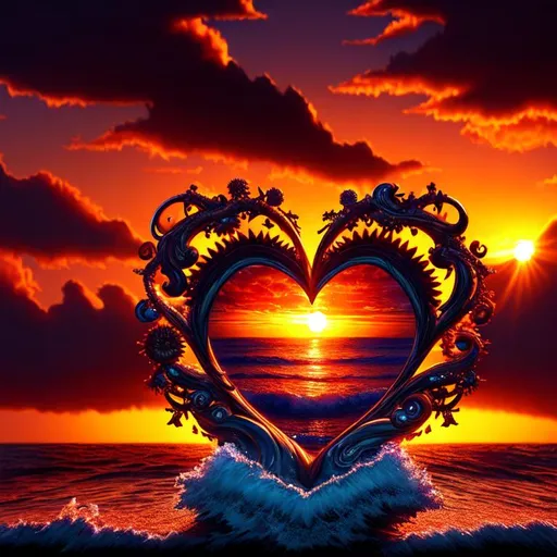 Prompt: Beautiful, Epic, Amazing, dark, 3D, HD, wax, Beautiful {heart-shape}sun, Sunset, Looking towards the ocean, freeform chaos ultra HD, digital painting,  Tropical background, uber detailed, 64k, high quality, sharp focus, studio photo, intricate details, highly detailed --s98500