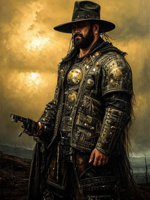 Prompt: oil painting, hd quality,  UHD, hd , 8k, hyper realism, heavy metal dark fantasy, heavy metal fantasy atmosphere, panned out view with full character shown, fantasy, muscular, dystopian, scowling, stoic, wearing metal and tattered clothes, wears tattered clothes, wears worn leather outback hat