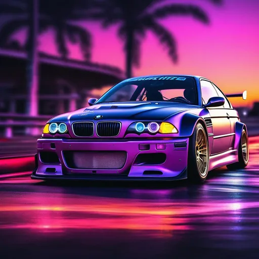 Prompt: 2001 BMW M3 E46 GTR, synthwave, aesthetic cyberpunk, miami, highway, dusk, neon lights, coastal highway, dusk, neon lights, coastal highway, sunset, drift, nurburgring, drift race, water on the road, blade runner, 64k, watercolor, macro sharp focus, 8, hyper realistic, cinematic, highly detailed, photoraelistic, clean