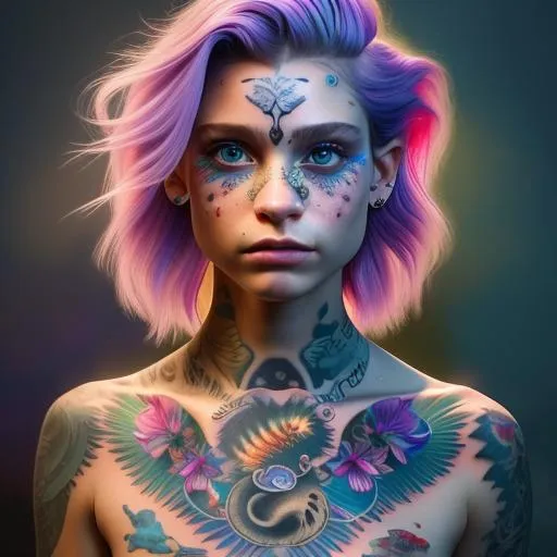 Prompt: ((best quality)), ((masterpiece)), ((realistic)), (detailed), cute woman, sfw, rocker girl, detailed background, bioluminescent tattoos, nose ring, Short pixie with straight hair and undercut, big blue eyes, (looking at viewer:1. 2), (high angle shot:1. 3), colorful tattoos, blue and pink hair, detailed background, in the night city, portrait, smiling, seductive look, night, close up face shot, soft lights, 8k, realistic, 105mm, bokeh, raytracing, focus face, splash page, tonemapping