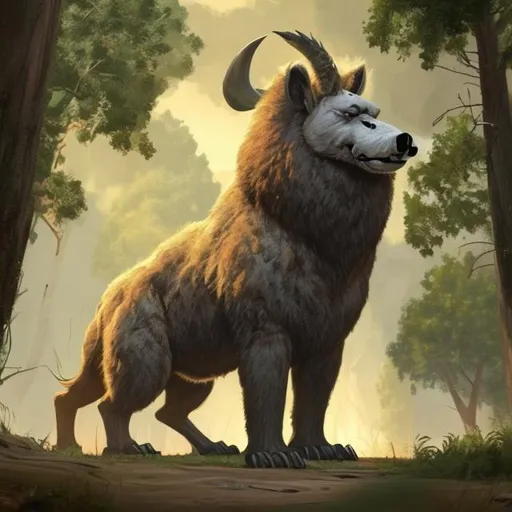 Prompt: Large bipedal animal with thick fur. The hind legs are thick and powerful and the forearms are capable of holding tools. Narrow face and long snout.