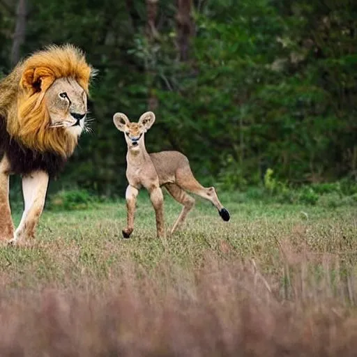 Prompt: a lion and a deer walking together 