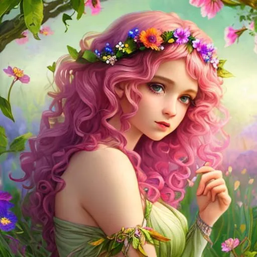 Prompt: a youngfairy goddess of spring, very curlsy hair, pink glow,  wildflowers, vivid colors, closeup