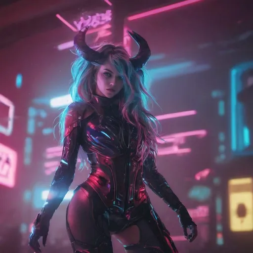 Prompt: a beautiful female demon in a dynamic pose in a retro futuristic synthwave cyberpunk neon paradise.  neon lighting, high quality, beautiful, synthwave, cyber, retro, futuristic