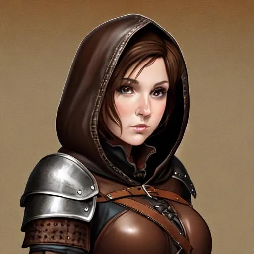 Hooded woman, leather armor, short brown hair, fanta... | OpenArt