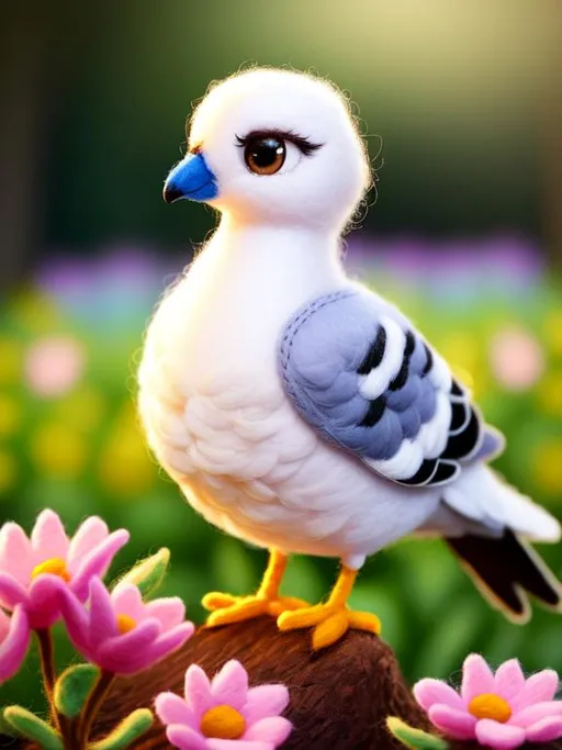 Prompt: Disney Pixar style needle felted cute pigeon, highly detailed, fluffy, intricate, big eyes, adorable, beautiful, soft dramatic lighting, light shafts, radiant, ultra high quality octane render, daytime forest background, field of flowers, bokeh, hypermaximalist