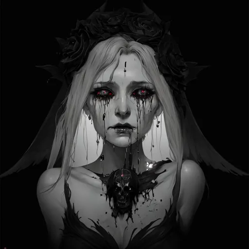 Prompt: goddess of death and decay, crying black tears, grey hair, illustration, artstation, dynamic soft lighting, high-res, 4k, stylistic, anime