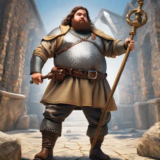 Prompt: Fish-eye view. Action pose. Full body image. Head-to-toe. 21 years old, fat,  AD&D Cleric. He is wearing a bright shiny iron chainmail armor. He is brandishing one medieval battle-mace in his right hand. Historically realist. Chubby. 