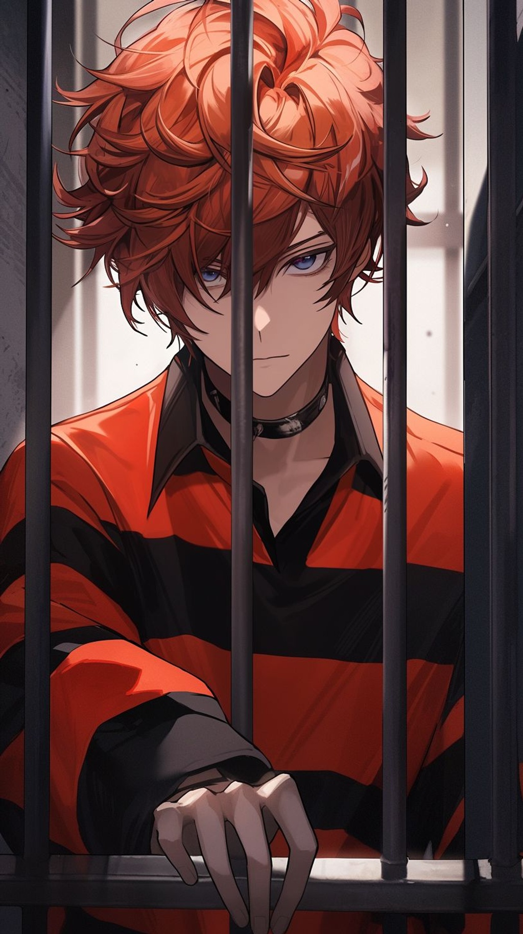 Prompt: Tartaglia from genshin impact, Short messy red hair falling between the eyes, eyes are bright blue, red gem earing, wearing an orange prison jumper with white nametag, sitting inside a prison cell with an open window and a guillotine outside his cell. --upbeta --niji 5 --ar 9:16