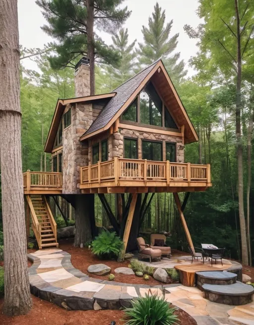 Prompt: A Frame cabin tree house with elegant landscaping, stone and wood materials, high quality, realistic, natural color tones, detailed textures, serene atmosphere, lush greenery, cozy and inviting, outdoor setting, professional landscaping, detailed wood textures, sophisticated design, natural lighting