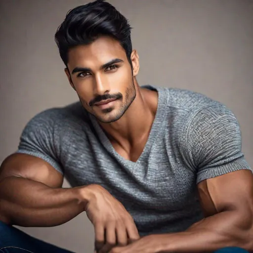 Prompt: Professional photoshoot of a muscular, handsome, half-Indian half-White man with a thin mustache and stubble, youthful face, wearing a tight, short-sleeve sweater, jeans, buff arms showing, {defined shredded musculature, broad shoulders}, {sultry}, center frame, natural light, intricate detail, best quality