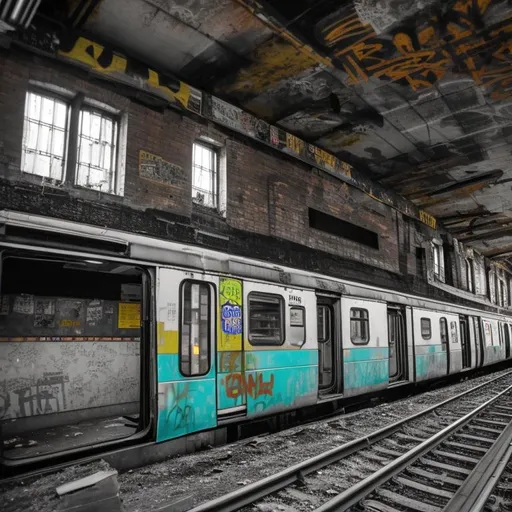 Prompt: A vividly Full colored photo of a subway train covered in graffiti in an abandoned train station, symmetrical, monochrome
photography, highly
detailed, crisp quality
and light reflections,
100mm lens