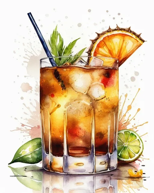 Prompt: (detailed watercolor), vibrant colors, mouthwatering rum cocktail, highball glass, fresh garnishes, bottle of rum in the background, condensation on glass, artistic splashes, white background, warm summer vibe, inviting and refreshing atmosphere, ultra-detailed, enchanting illustration, perfect for drink lovers and cocktail enthusiasts.