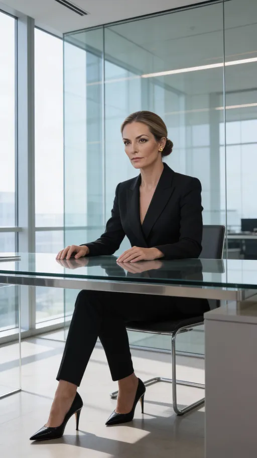 Prompt: @EXKkvxee7EUT2i3IAWdk la un birou din sticlă într-un office modern, purtând sacou negru couture și pantaloni slim negri, păr prins într-un coc elegant, cercei mici aurii, pantofi stiletto negri. Ochi stabili, lumină naturală HDR.