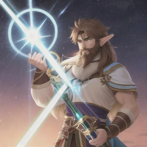 Prompt: Full frame of handsome stellar druid elf with the beard and brown hair with a magical bow and a laser saber, anime 2010, vikings, cosmic, stars