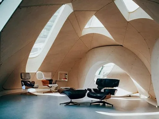 Prompt: photo of ( an eames lounge chair ) in the middle of a cozy living pod designed (( by Calatrava and Zaha Hadid and Oscar Niemeyer )), indoors, rule of thirds, wide angle, bricks, solid concrete, steel, glass, gloomy atmosphere, ( cinematic, global illumination, dappled light ), long exposure, ( hyperrealism ), sharp focus, UHD, 8k, by jessica rossier, beksinski, lumion render