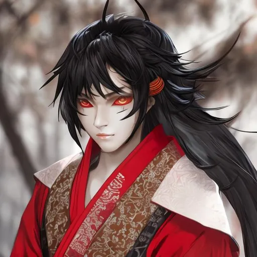 Prompt: Kitsune male, black hair with red highlights, wearing a kimono, realistic humanoid. 