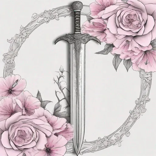 Prompt: Create me a simple straight short sword, the picture should be in black and white, pencil drawn, and a floral border and white background, the only thing that should have color is the pink flowers, the hilt should be very basic 