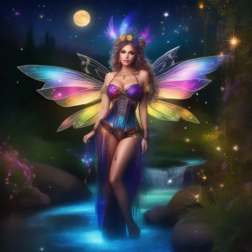 Prompt: Wide angle.  Whole body showing. Beautiful, buxom woman with broad hips and incredible  bright eyes, standing next to a stream on a breathtaking, colorful starry  night. Wearing a colorful, sparkling, dangling, skimpy, gossamer, sheer, flowing, steam-punk, fairy witch's outfit with distinct wings. With  fae flying about.