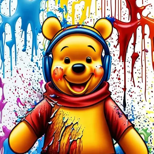 Prompt: Pooh splashing paint into wall with paint stain on his body while wearing headphones