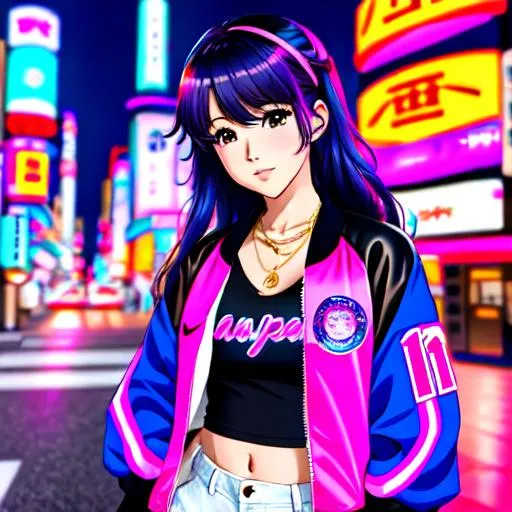 vaporwave japan city night time anime girl in varsit...