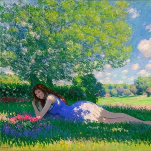 Prompt: girl lying down under a tree, far away, blue sky, some shadows, Monet style, impressionist, flowers on the grass, clouds 