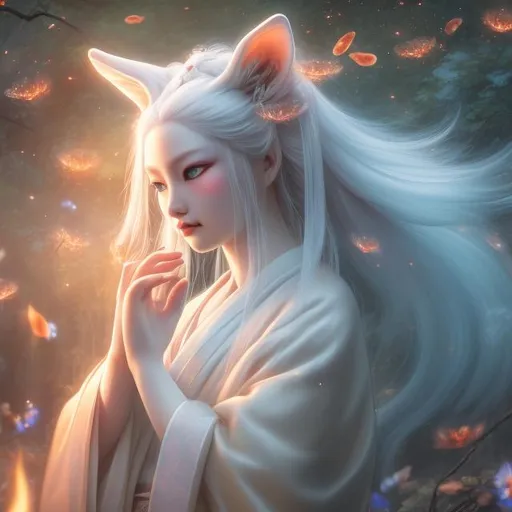 Prompt: Beautiful kitsune with vivid blue eyes that glow, long flowing white hair, decadent silk kimono in a field surrounded by fireflies Hyperrealistic uhd