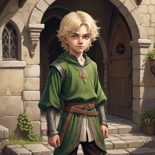 Prompt: Full body, Fantasy illustration of a twelve year old boy, fancy blond hair, medieval clothing, cute, scheming gaze, malicious smile, high quality, rpg-fantasy, detailed, medivial irish town