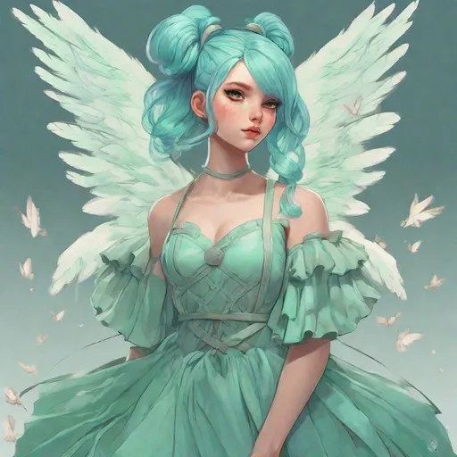 Prompt: A heroine, with mint green ballerina inspired dress, warrior, blue hair in buns, angel wings