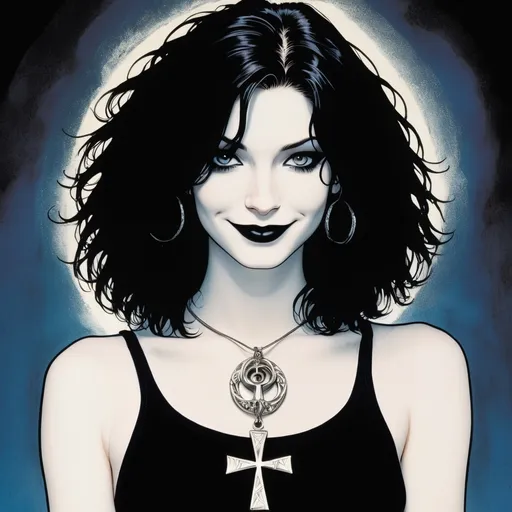 Prompt: Death from Neil Gaiman’s Sandman Comic, Depict a (young, youthful, cute and pleasantly content smiling 16-year-old girl), wearing silver ankh pendant, pale-skinned, slender young woman with dark, messy, shoulder-length hair. Her eyes should have a kind yet knowing expression. She wears a black tank top with simple, dark jeans, accessorized with a silver ankh pendant around her neck. Her lips are dark, contrasting with her pale complexion, and her overall style reflects a gothic aesthetic. Her demeanor should appear calm, welcoming, and slightly whimsical, exuding both warmth and mystery.