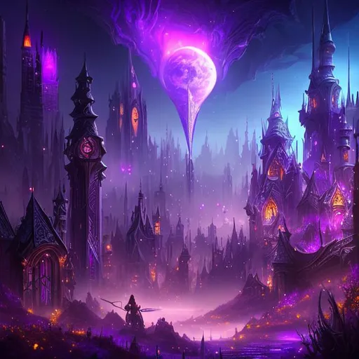 Prompt: HD, 4K, 3D, Stunning, magic, cinematic camera, two-point perspective, drow elf city, purple and black, magic purple light, dark purple,gorgeous fantasy city