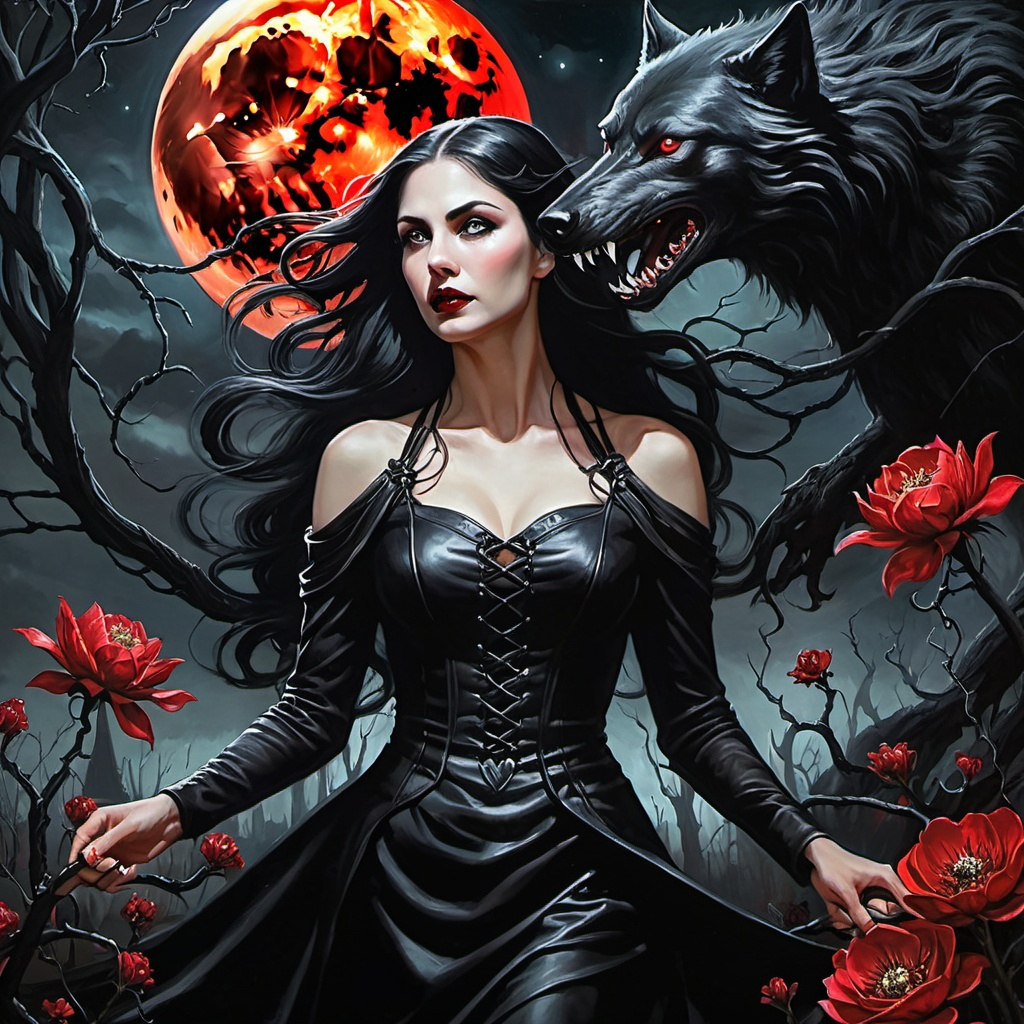 werewolf blood moon with a woman in a leather black