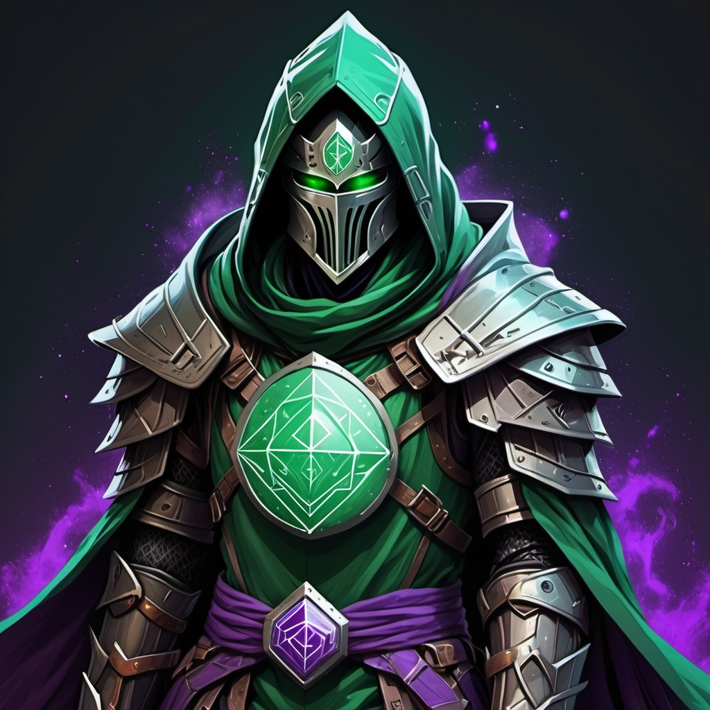 Sci-fi Knight with emerald hood with purple norse runes