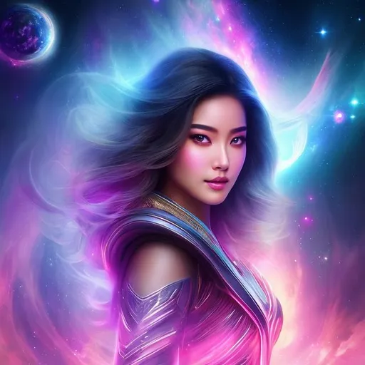 Prompt: create photograph of beautiful summer female princes who is wearing bright futuristic robes,  night time and beautiful sky  space and planets an nebulae in sky highly detailed, detailed face, extremely detailed environment, extremely detailed background, extremely detailed skin, extremely detailed clothing, natural colors , professionally color graded, photorealism, 8k, realistic, moody lighting, galactic environment, volumetric lighting
