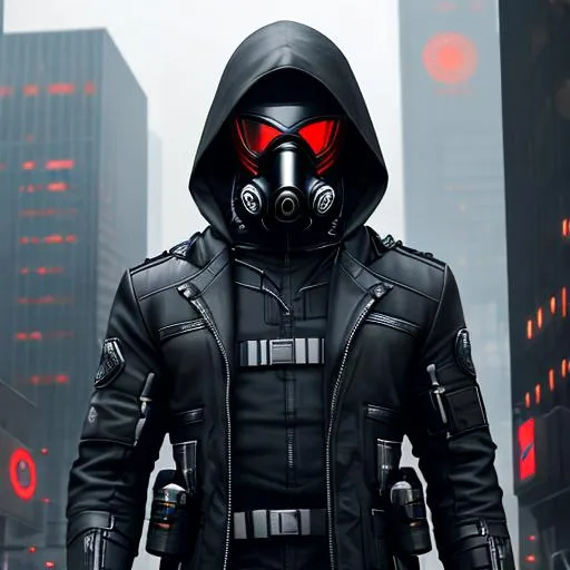 Prompt: Male agent from Marvel with a gas mask, black and grey cyberpunk outfit with a hood, Hyperrealistic, sharp focus, Professional, UHD, HDR, 8K, Render, electronic, dramatic, vivid, pressure, stress, nervous vibe, loud, tension, traumatic, dark, cataclysmic, violent, fighting, Epic