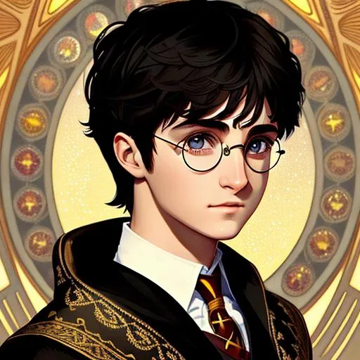 Prompt: Upper body portrait of Harry Potter, 15 years old, Black spiky hair, tan skin, Hogwarts dress, intricate, detailed face. by Ilya Kuvshinov and Alphonse Mucha. Dreamy, sparkles