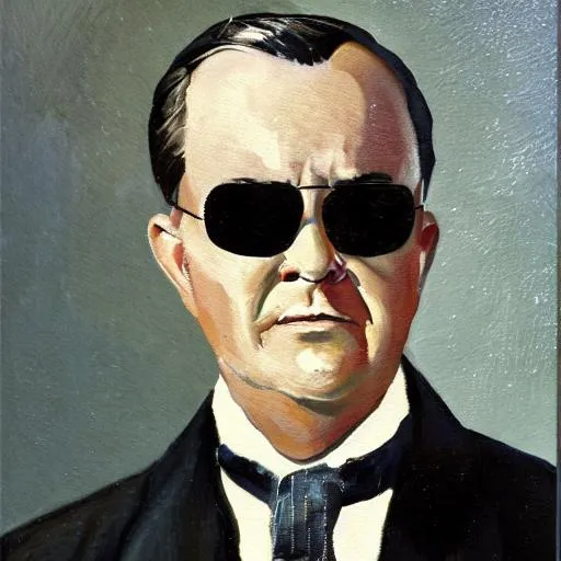 Prompt: Gibbs-Coolidge style painting portrait of a man wearing all black sunglasses, a white lab coat, a researcher lanyard, and disposable gloves