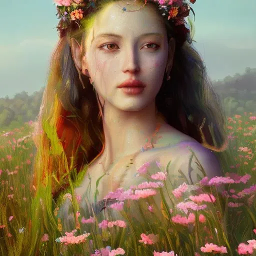 Prompt: A painting of a goddess in a field of flowers 