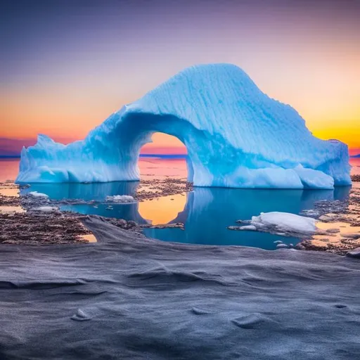 Prompt: giant iceberg in the desert with a submarine, hyperrealistic imaging, highly detailed, sunrise, 8K