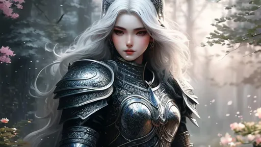 Prompt: hyper detailed painting by sakimichan style and wlop style,  Insanely detailed full body beautiful white hair knight with black armor, intricate face, beautiful long hair, rule of third of beutiful landscape ultra HD 4k 10 bit depth