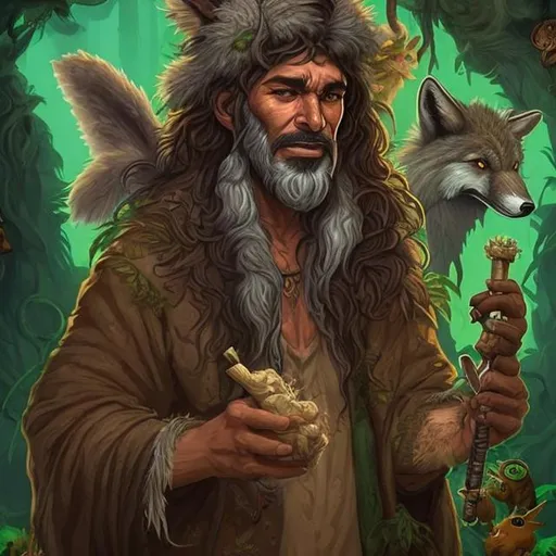 Prompt: a d and d Druid profile pick that assembles a brazilian drug dealer druid  that uses animals to make powerful spells and do do some drugs, the druid is smoking a crack pipe and has a dozen of white coyotes and snails besides him
