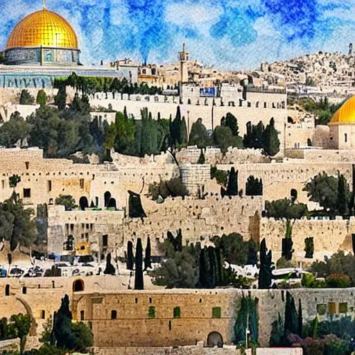 Prompt: Jerusalem city shot as a water color 