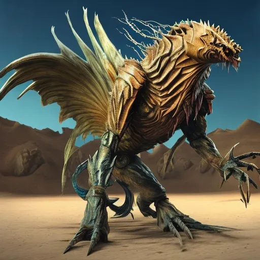 Prompt: Fish beast with wings and scorpion legs in a desert
