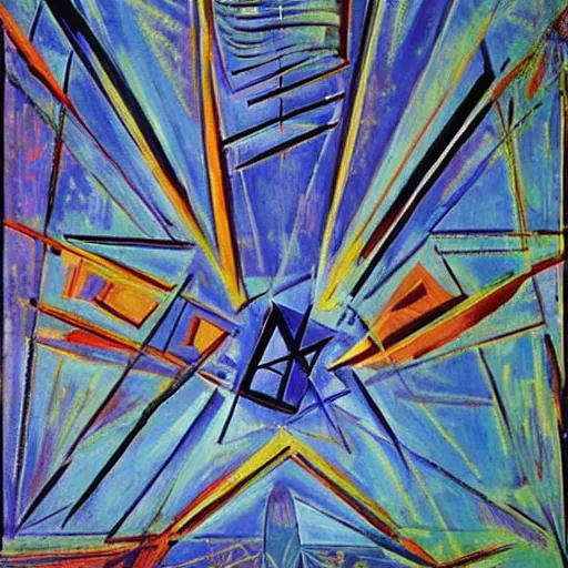 Prompt: Divine Christian symbolism in cosmic abstract Rays beyond horizon by Picasso 