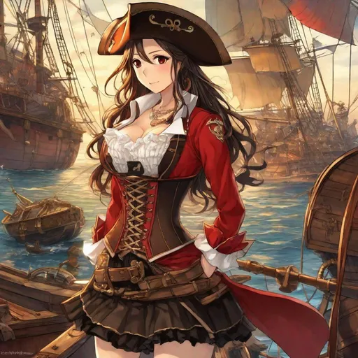 Prompt: anime art, pretty young Indonesian woman, 25 year old, (round face, high cheekbones, almond-shaped brown eyes, small delicate nose), ((pirate costume)), (red bustier corset, lace jacket), background pirate ships fighting, Japanese manga, Pixiv, Fantia